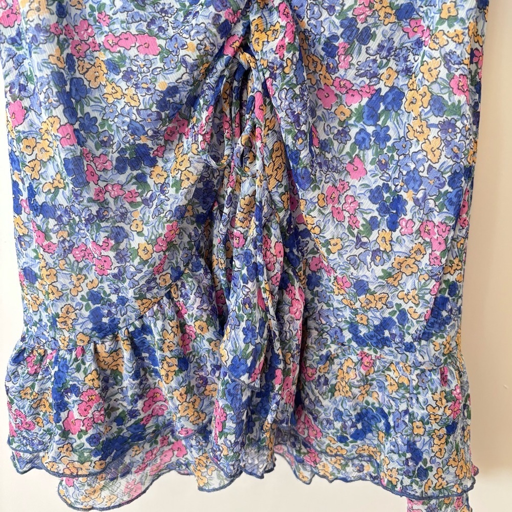 Zara| Blue & Pink Feminine Floral Above Knee Ruched Dress with V-Neck Sz XS - Picture 5 of 9